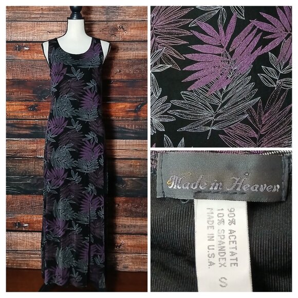 Made in Heaven Vintage Maxi Dress S Slinky Black Leaf Print Side Slit Made in US - Picture 1 of 6